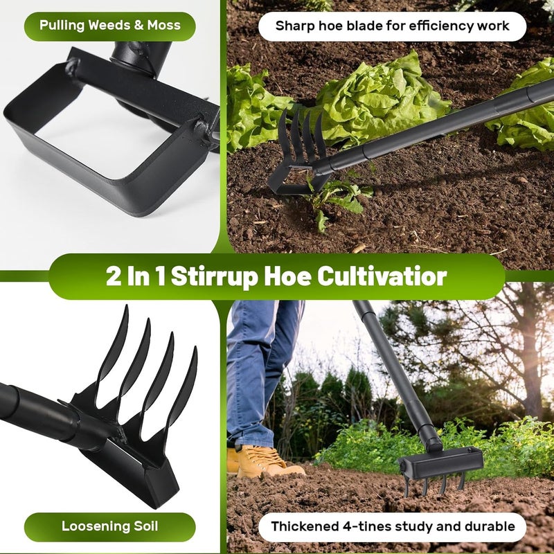 ABtool 2 in 1 Weeding Tools Gardening Weed Puller with Long Handle,Stirrup Hula Garden Hoe with 4 Tines Rake,Garden Tiller Cultivator with 62.6" Adjustable Handle for Weeding,Seeding,Ditching,Loosening - Image 2